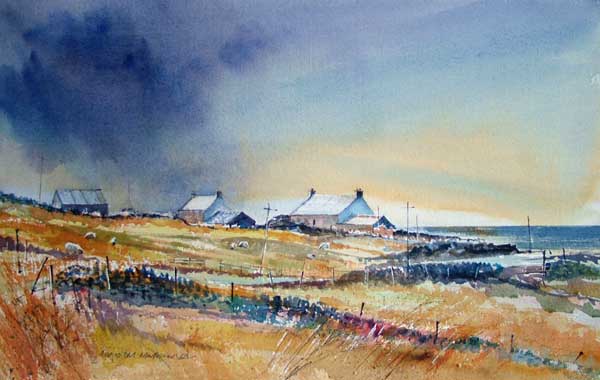 Fields and cottages on the seashore with rain clouds overhead